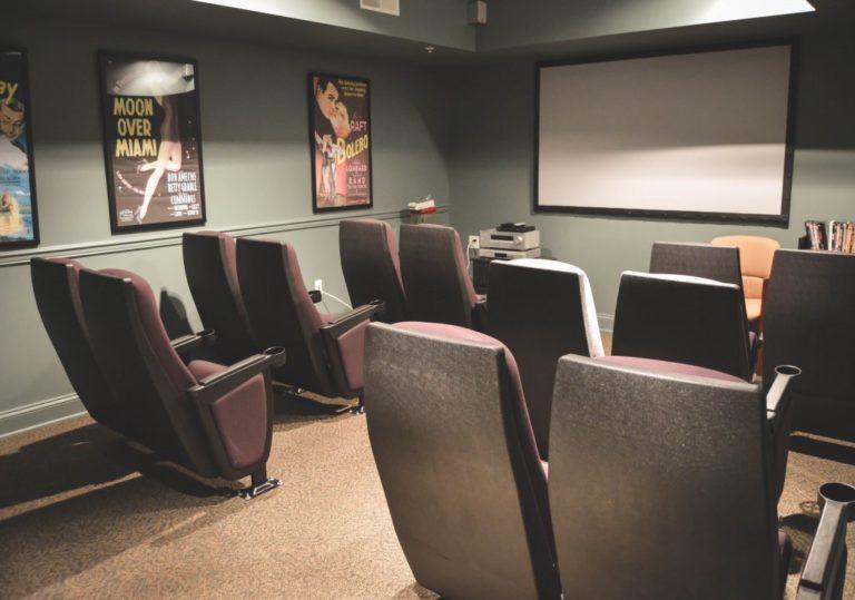 several rows of paired theatre seats in front of projection screen