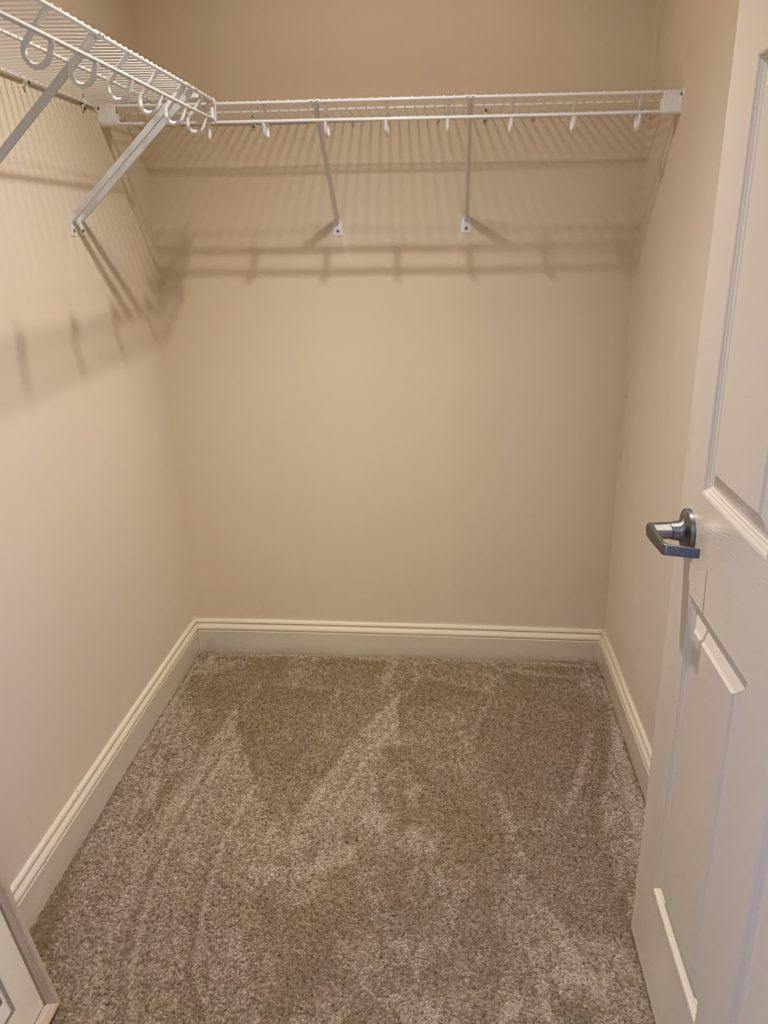 opened door to large empty carpeted closet with wire storage racks